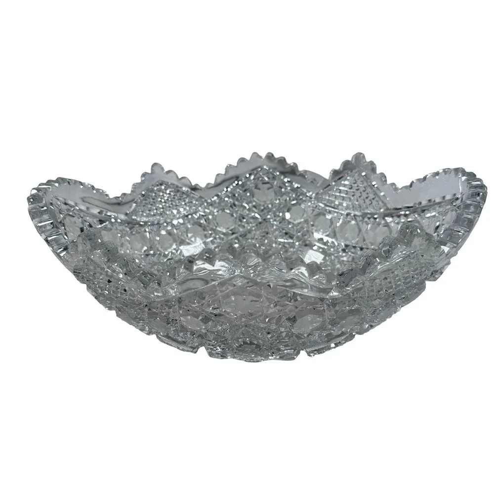 Antique American Brilliant Period Cut Glass Oval Bowl Hobstar Sawtooth 11